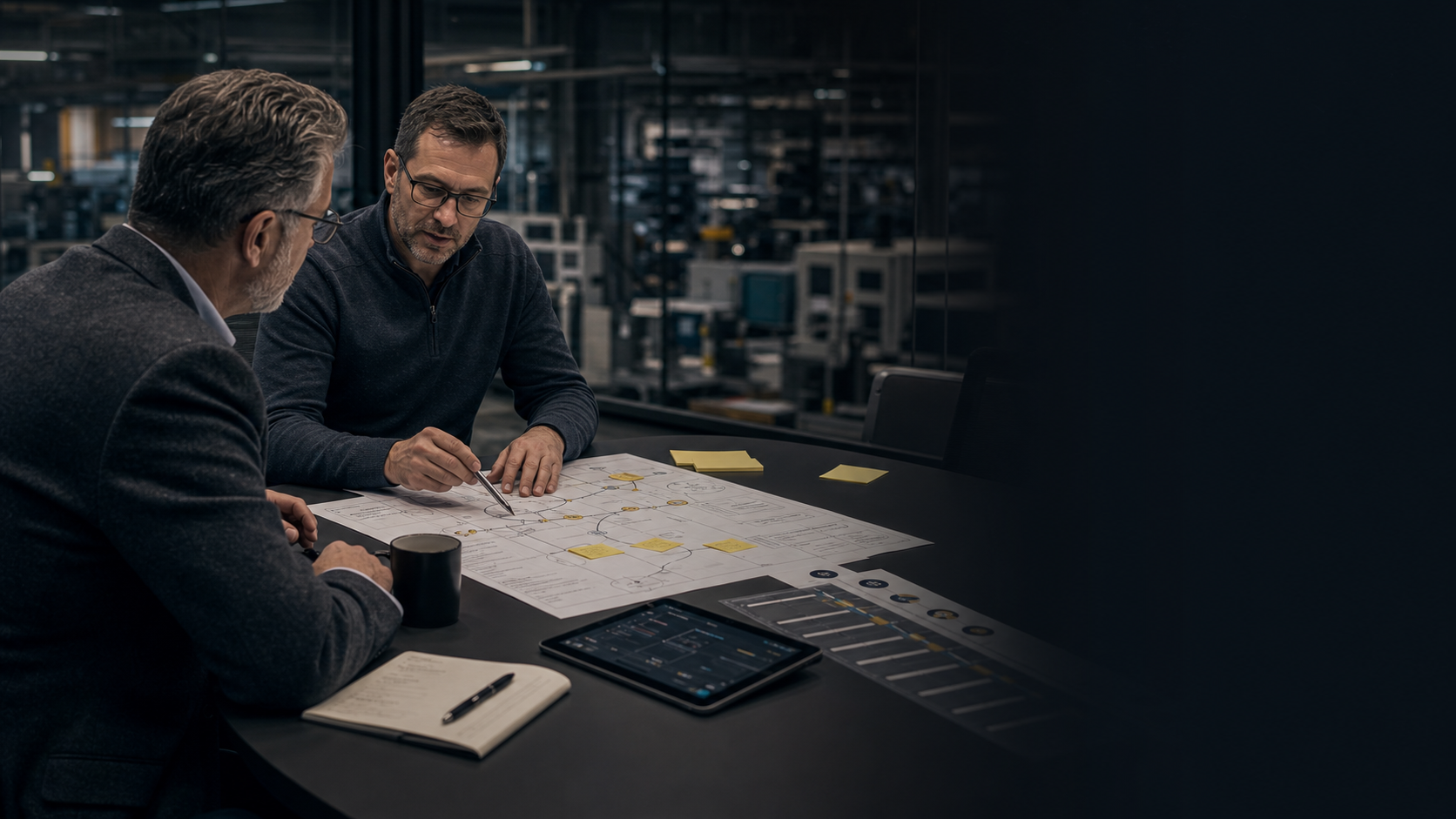 Operations leaders reviewing a pressure map on a warehouse whiteboard