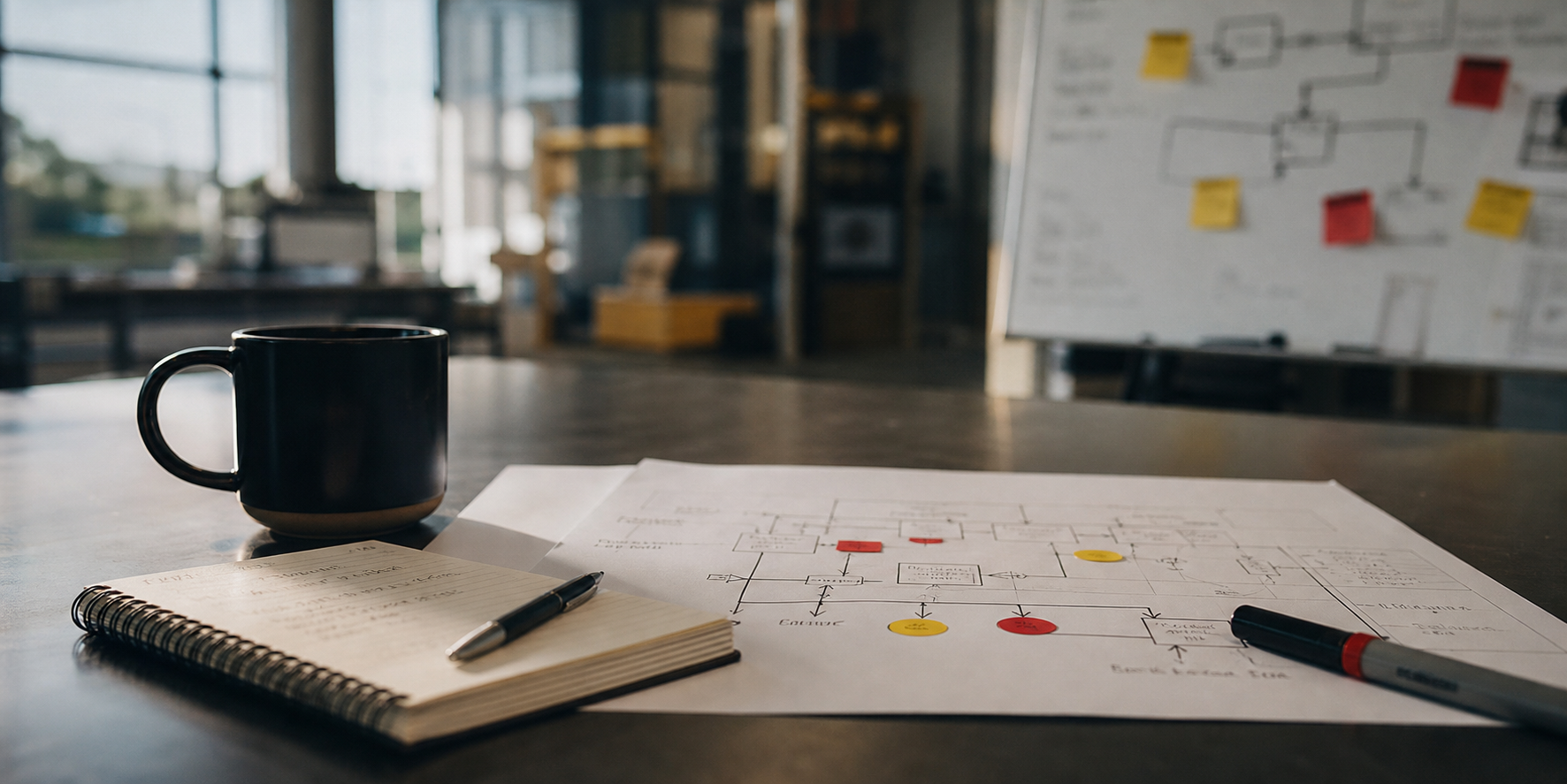 Notebook, coffee, and a simple pressure map prepared for a focused first conversation