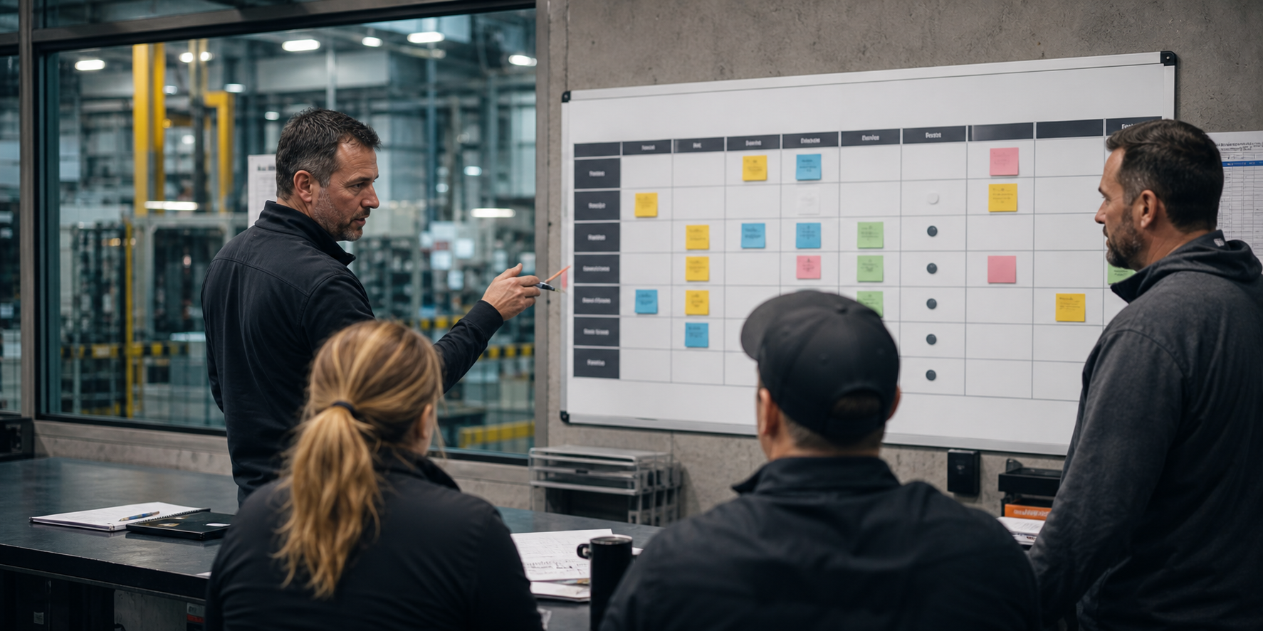 Leader facilitating a weekly operating cadence meeting around an action board
