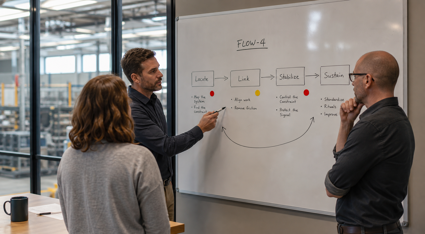 Small team discussing a simple FLOW-4 whiteboard sketch
