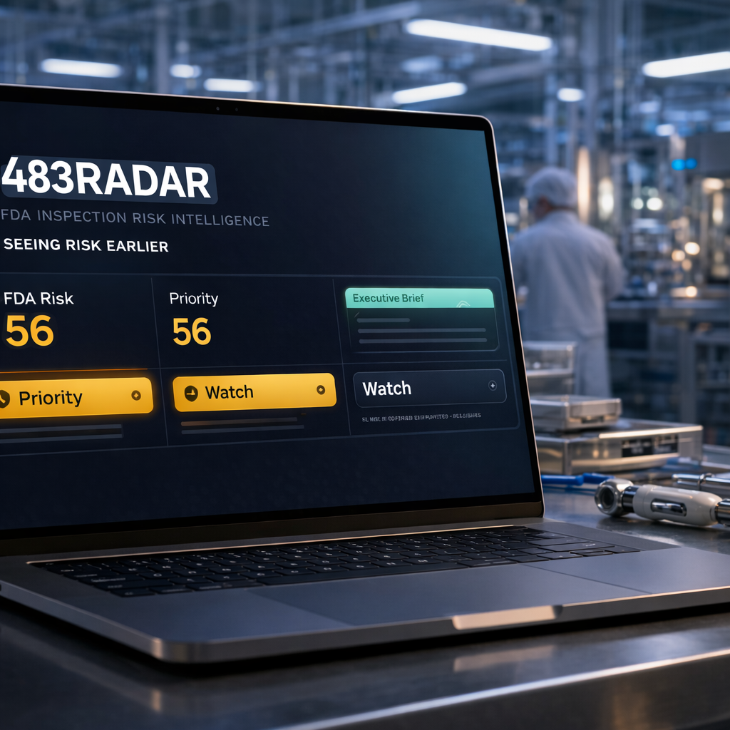 483Radar product visual with FDA inspection risk modules, citation trend charts, and executive brief panels.